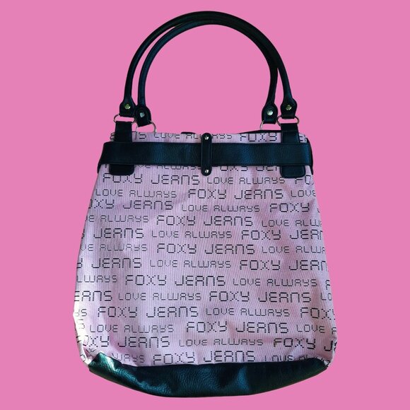 Y2K Foxy Jeans Large Tote Bag Bubblegum Pink Canvas Faux Leather 14 x 14 - Picture 6 of 7